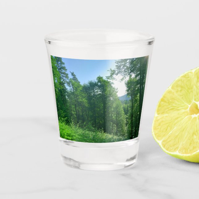 Green Forest Landscape Photography  Shot Glass (Front)