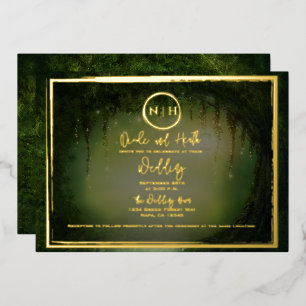 Green Forest Lights Elegant Wedding Gold Foil Invitation