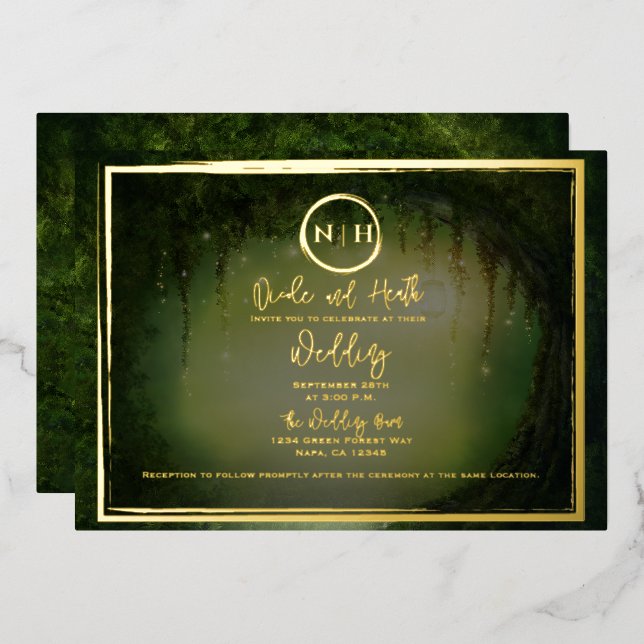 Green Forest Lights Elegant Wedding Gold  Foil Invitation (Front/Back)