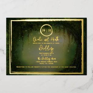 Green Forest Lights Elegant Wedding Photo Gold Foil Invitation