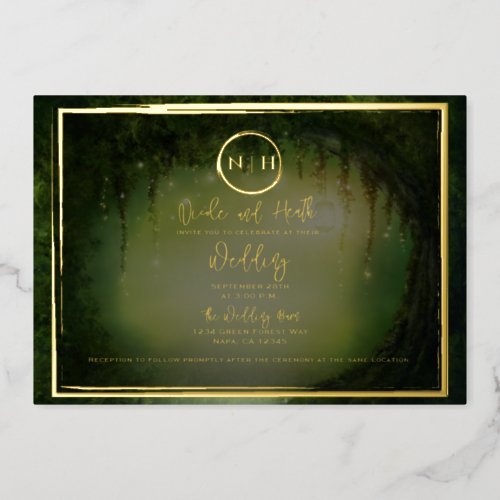 Green Forest Lights Elegant Wedding Photo Gold Foil Invitation