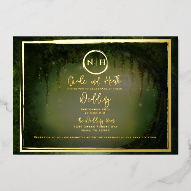 Green Forest Lights Elegant Wedding Photo Gold Foil Invitation (Front)
