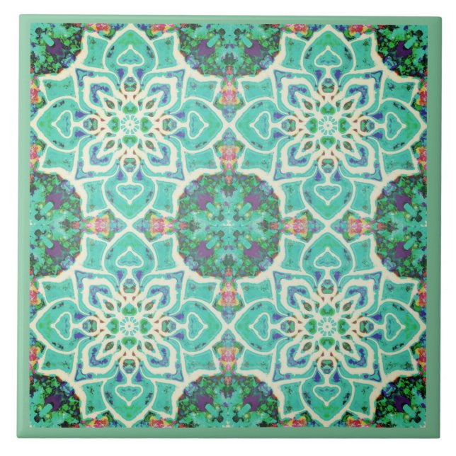Green forest mandala geometric  ceramic tile (Front)
