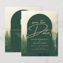 Green Forest mountain Pine Trees Wedding SAVE DATE