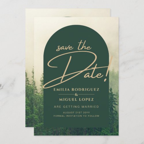 Green Forest mountain Pine Trees Wedding SAVE DATE Invitation