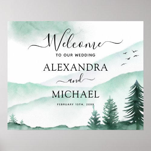 Green Forest Mountain Rustic Watercolor Wedding Poster