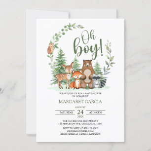 Green Forest Oh Boy Woodland Animals Baby Shower Invitation