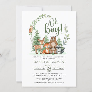Green Forest Oh Boy Woodland Animals Baby Shower Invitation