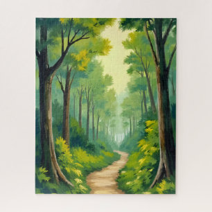 Green Forest Path Lush Nature Watercolor Jigsaw Puzzle