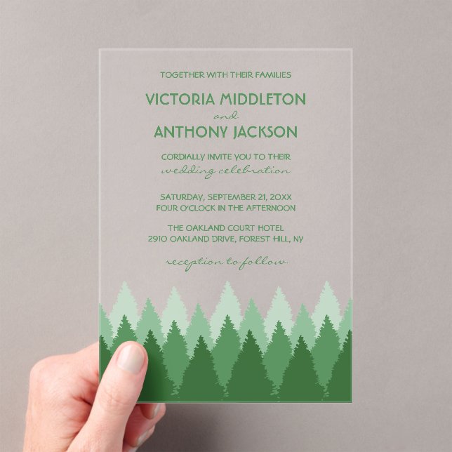 Green Forest Range Woodland Wedding Acrylic Invitations (Insitu (Handheld))
