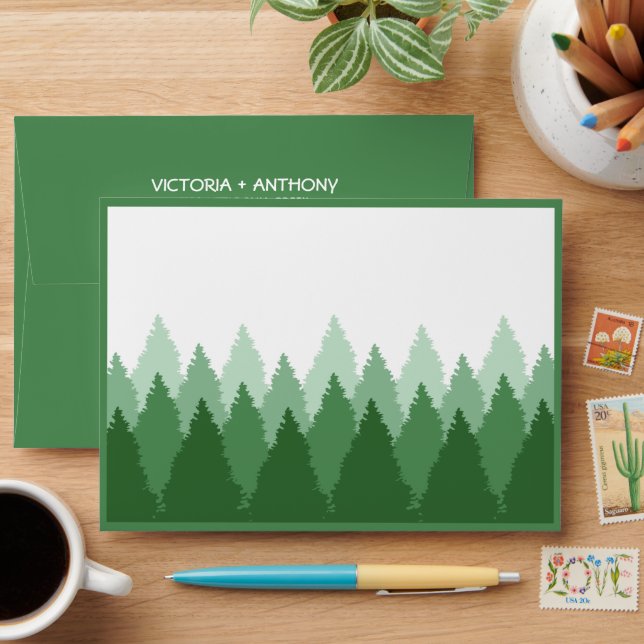 Green Forest Range Woodland Wedding Envelope (Desk)