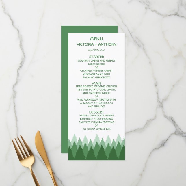 Green Forest Range Woodland Wedding Menu (Front/Back In Situ)
