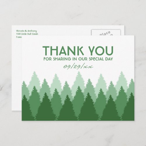 Green Forest Range Woodland Wedding Thank You Postcard