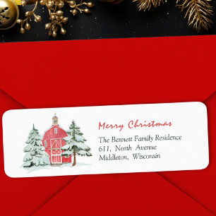 Green Forest Red Barn Pine Christmas Tree Address Label