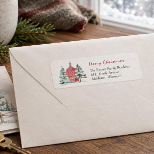 Green Forest Red Barn Pine Christmas Tree Address Label