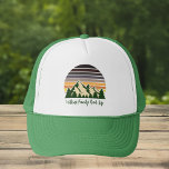 Green Forest Road Trip Cool Custom Family Trucker Hat<br><div class="desc">Customize your own family road trip hats to embark on a journey through nature this summer or fall. Personalize with your last name in cute cursive script underneath the green forest of trees and dark mountain sunset for a cool vacation keepsake for your outdoor group.</div>