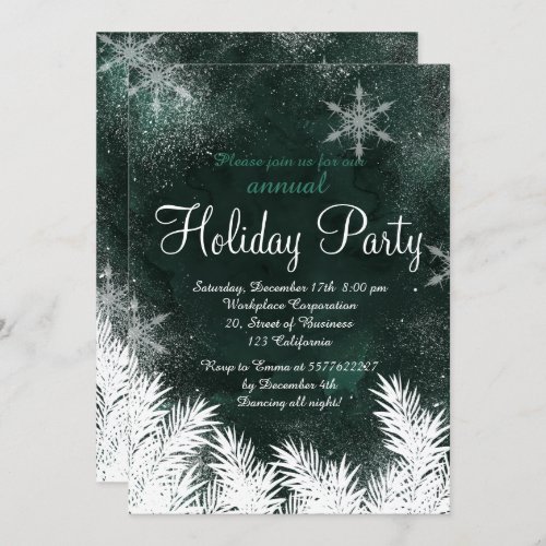 Green forest snowflake winter corporate holiday invitation