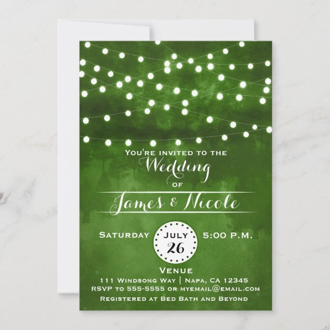 Green Forest String Lights Wedding Invitation (Front)