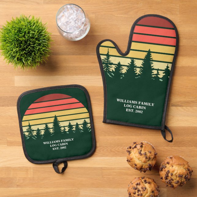 Green Forest Sunset Log Cabin Personalized Oven Mitt & Pot Holder Set (Top Down)