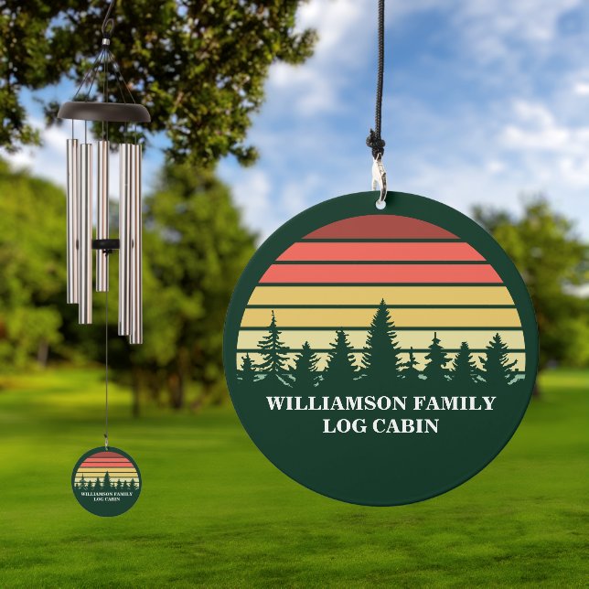 Green Forest Sunset Log Cabin Personalized Wind Chime (Outdoor)
