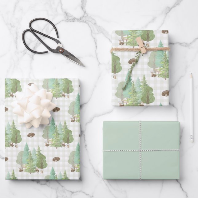 Green Forest Trees Mushrooms  Wrapping Paper Sheets (Front)