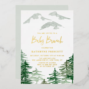Green Forest Watercolor Woodland Baby Brunch Foil Invitation