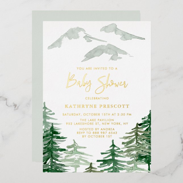 Green Forest Watercolor Woodland Baby Shower Foil Invitation (Front/Back)