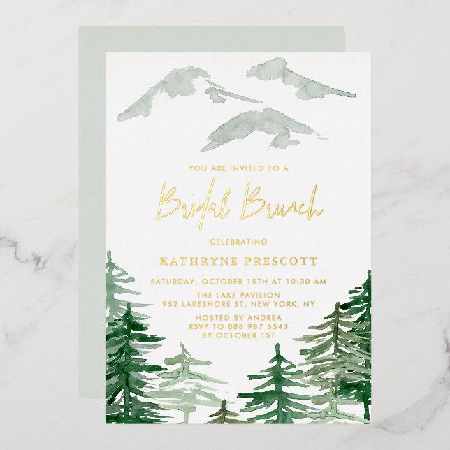 Green Forest Watercolor Woodland Bridal Brunch Foil Invitation (Front/Back)