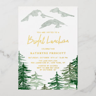 Green Forest Watercolor Woodland Bridal Luncheon Foil Invitation