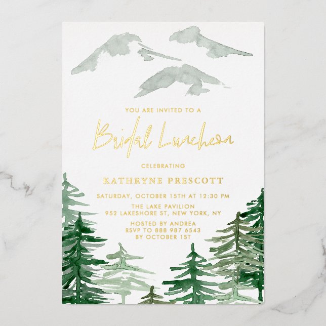 Green Forest Watercolor Woodland Bridal Luncheon Foil Invitation (Front)