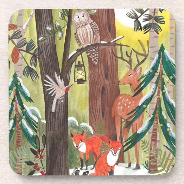 Green forest with winter woodland animals beverage coaster (Front)