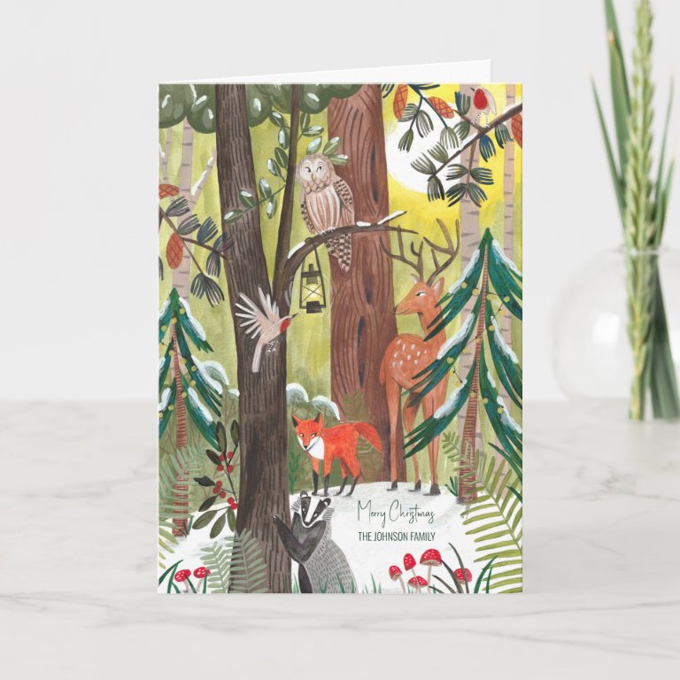 Green forest with woodland animals Christmas                    Holiday Card
