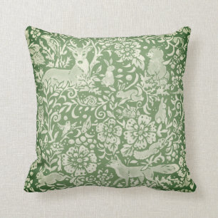 Green Forest Woodland Animal Nature Tapestry Look Throw Pillow