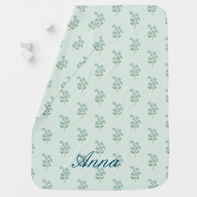 Green Forget Me Not Floral Personalized Baby Blanket (In Situ)