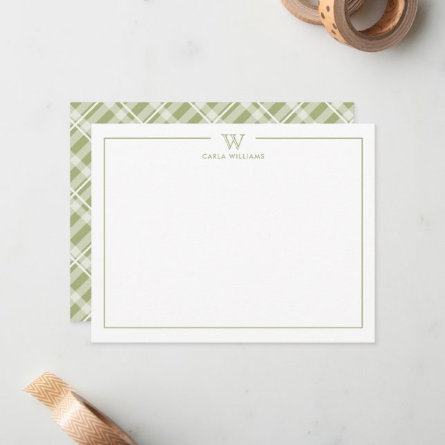 Green Formal Classic Family Monogram Plaid Note Card (Front/Back In Situ)