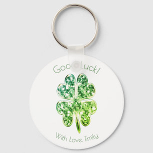Green Four Leaf Clover Custom Text Good Luck Keychain