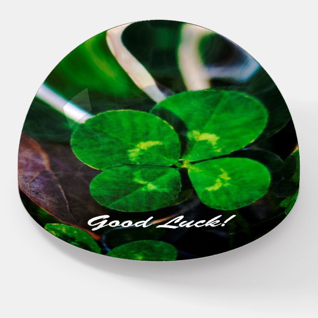 Green Four Leaf Clover Lucky Paperweight (Angled)