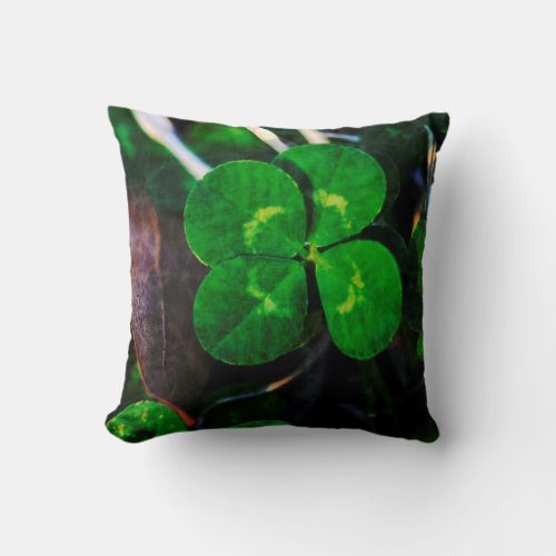 Green Four Leaf Clover Lucky Throw Pillow