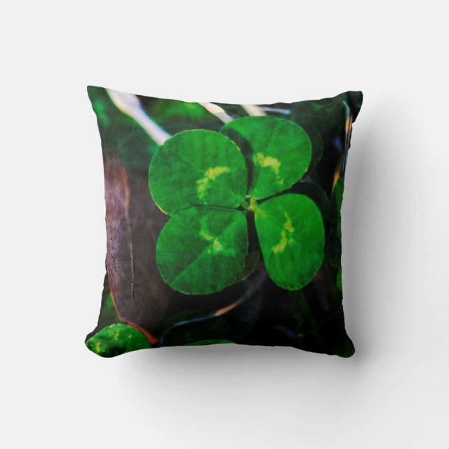 Green Four Leaf Clover Lucky Throw Pillow (Front)