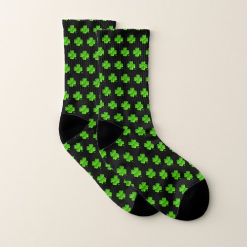 Green Four_Leaf Clover Pattern on Black Socks