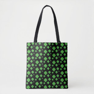 Green Four Leaf Clover Pattern on Black Tote Bag