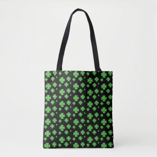 Green Four Leaf Clover Pattern on Black Tote Bag