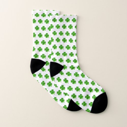 Green Four_Leaf Clover Pattern on White Socks