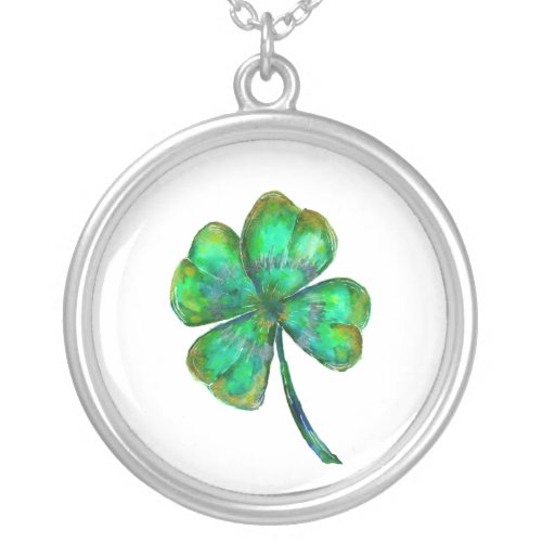 Green Four Leaf Clover Silver Plated Necklace