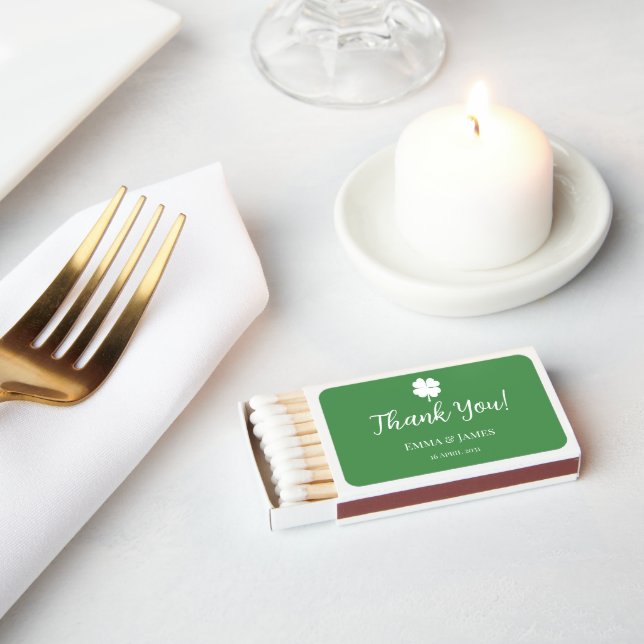 Green  Four Leaf Clover St Patricks Day Thank You  Matchboxes (Insitu)