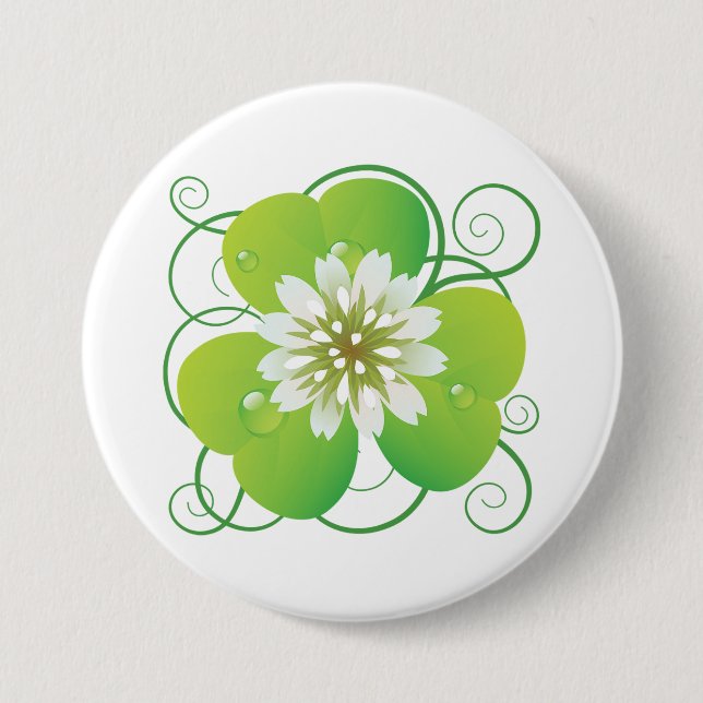 Green Four Leaf Clover with White Floral Bloom Button (Front)