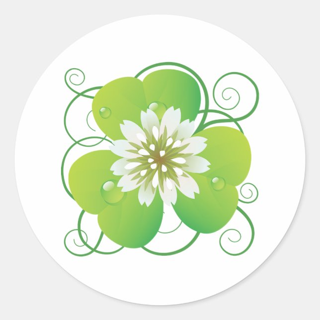 Green Four Leaf Clover with White Floral Bloom Classic Round Sticker (Front)