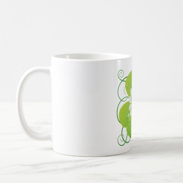 Green Four Leaf Clover with White Floral Bloom Coffee Mug (Left)