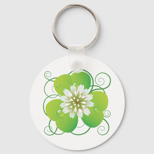 Green Four Leaf Clover with White Floral Bloom Keychain (Front)