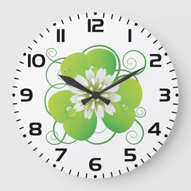 Green Four Leaf Clover with White Floral Bloom Large Clock (Front)